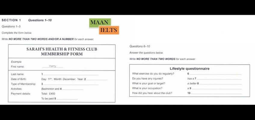 SARAH'S HEALTH & FITNESS CLUB MEMBERSHIP FORM ( FIRST NAME HARRY) NEW FORMAT IELTS LISTENING TEST